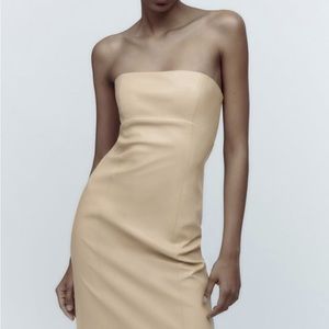 Zara Woman NWT FW22 Cream Faux Leather Strapless Dress Medium style 6929…